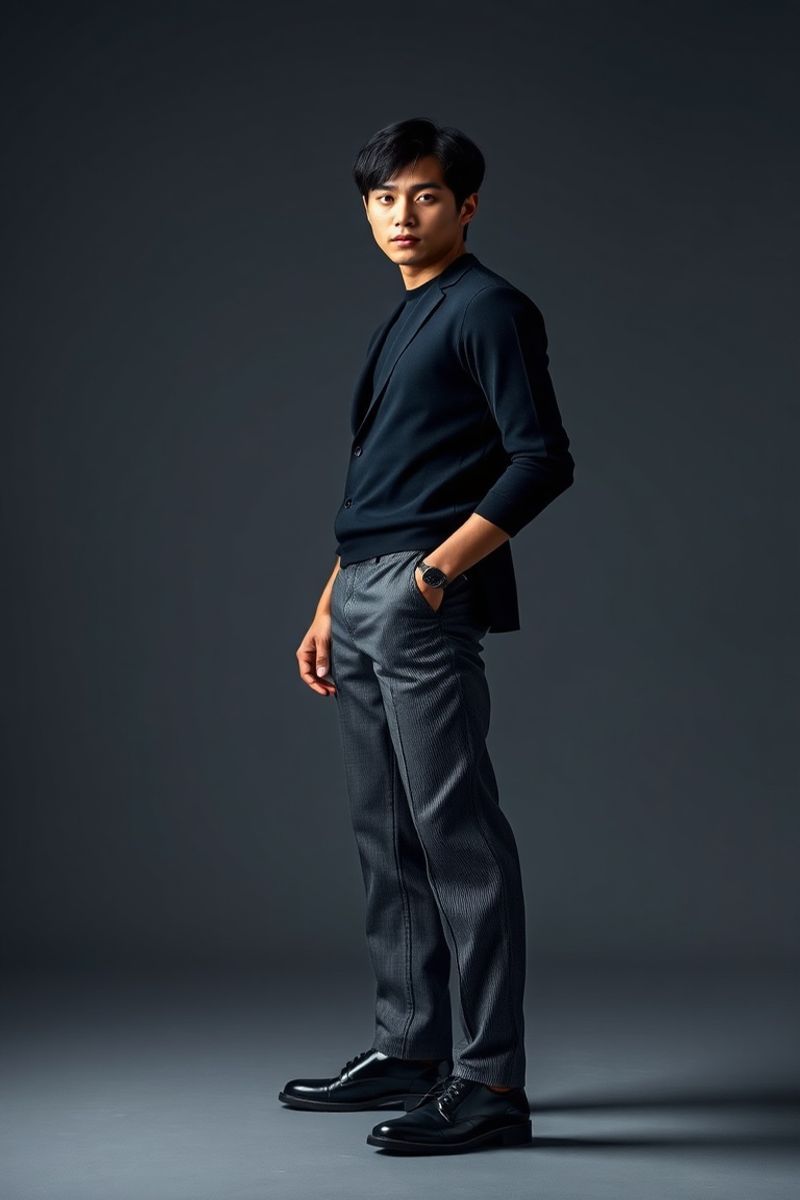 Hyun-Woo Lee full body editorial pose in high fashion clothing