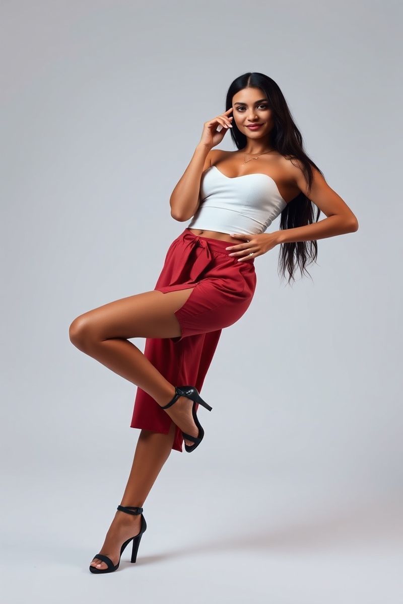 Isabella Ferreira full body editorial pose in high fashion clothing