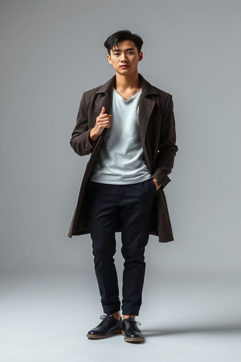 Jae-hyun Park full body editorial pose in high fashion clothing