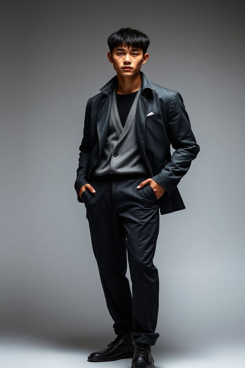 Jae-sung Kwon full body editorial pose in high fashion clothing