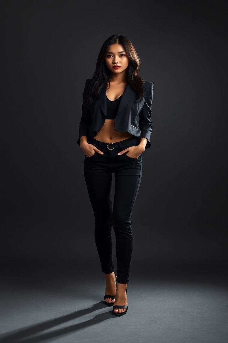 Jasmine Reyes full body editorial pose in high fashion clothing