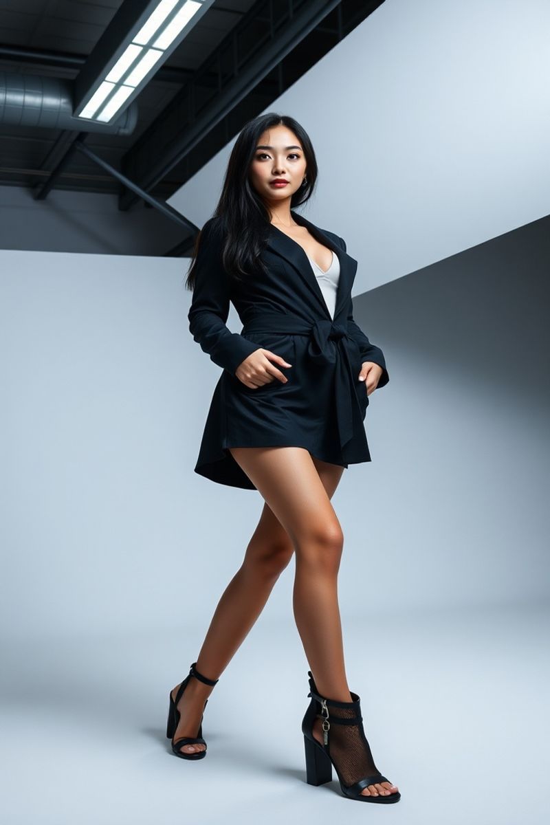 Ji-Woo Kim full body editorial pose in high fashion clothing