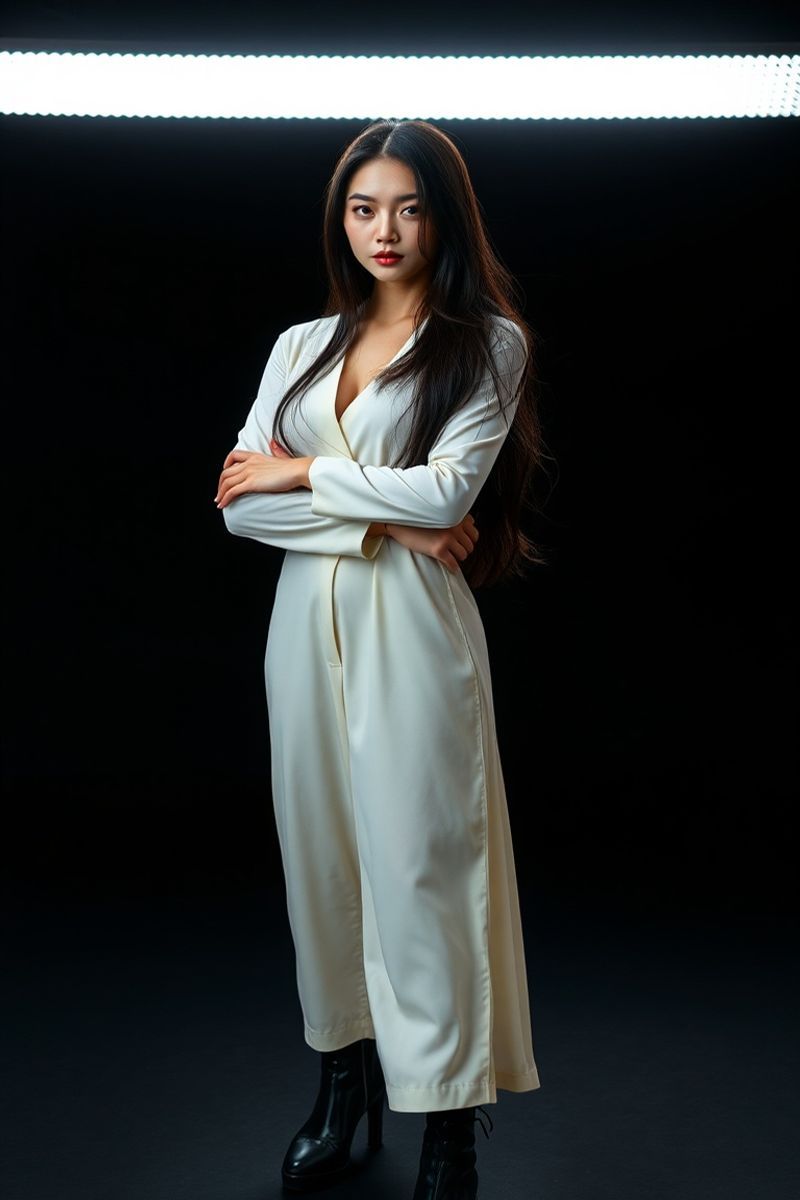 Ji-Yoon Kim full body editorial pose in high fashion clothing