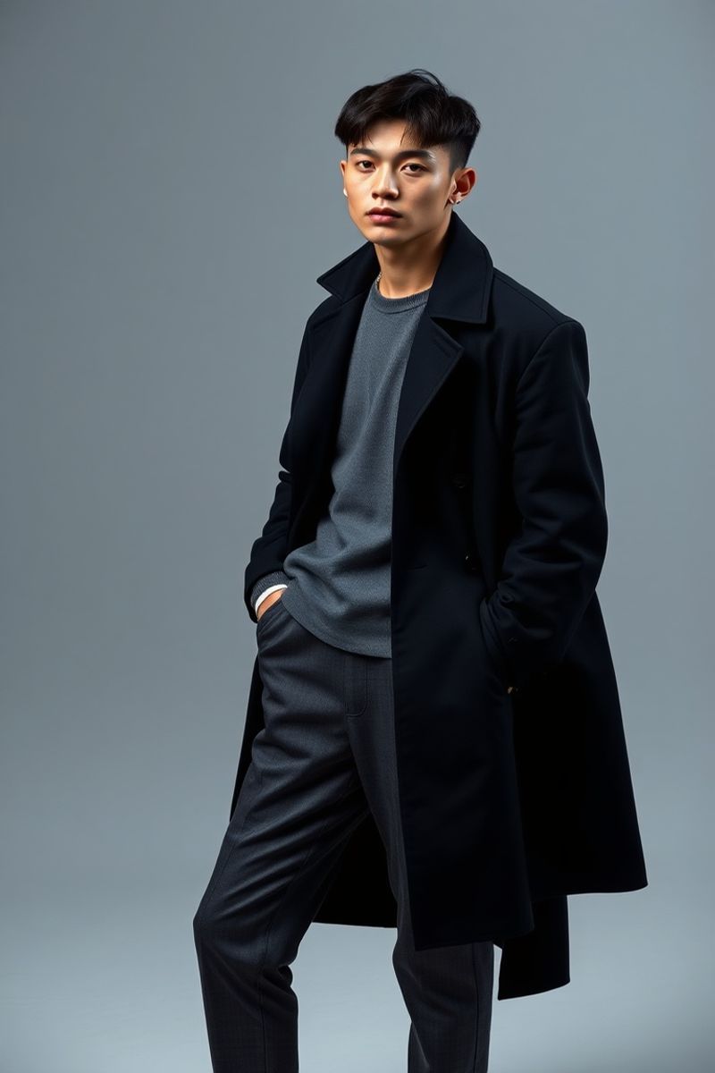 Jin Park full body editorial pose in high fashion clothing