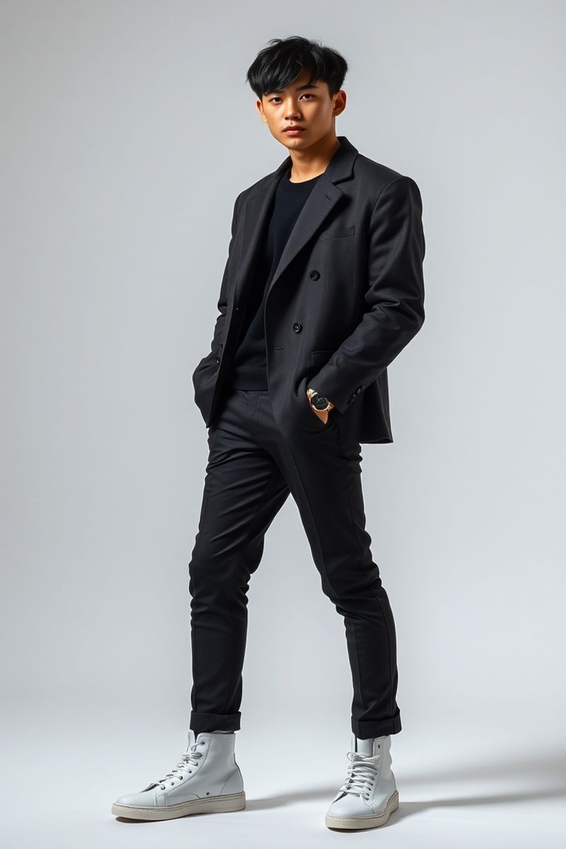 Jin Seo full body editorial pose in high fashion clothing