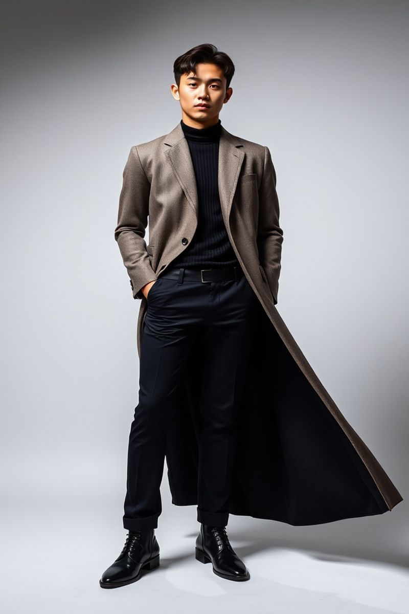 Jiwoo Kang full body editorial pose in high fashion clothing