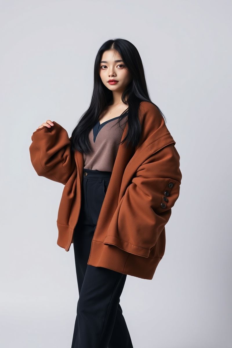 Jiyeon Park full body editorial pose in high fashion clothing