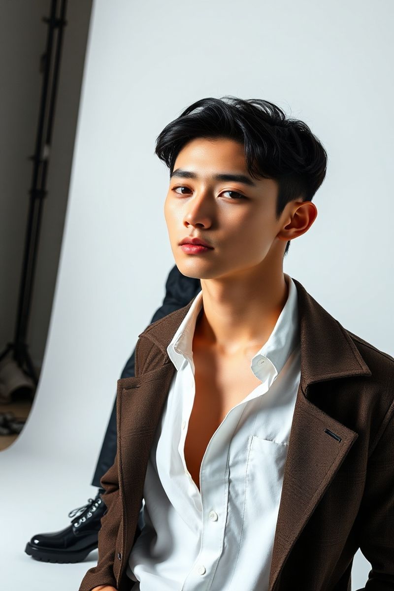 Joon-Min Park full body editorial pose in high fashion clothing
