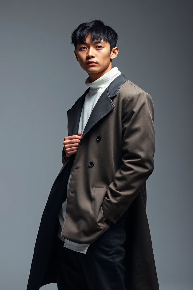 Jun Park full body editorial pose in high fashion clothing