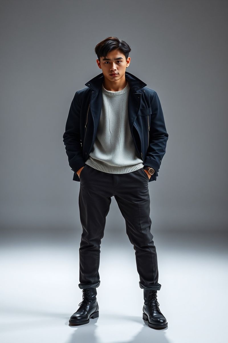 Kaito Tanaka full body editorial pose in high fashion clothing