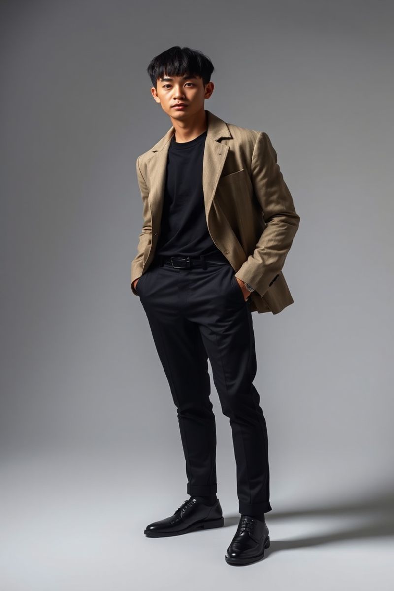Kaito Yamada full body editorial pose in high fashion clothing