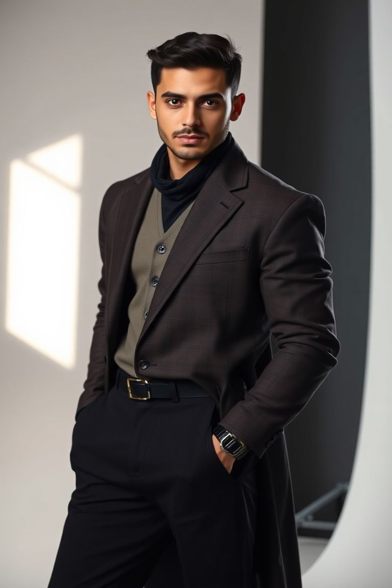 Karim Hassan full body editorial pose in high fashion clothing