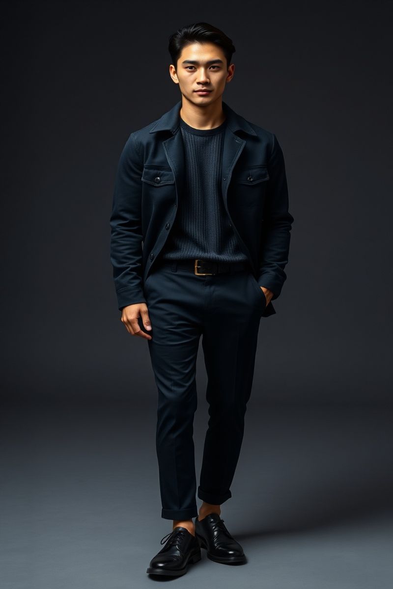 Kenji Matsuda full body editorial pose in high fashion clothing