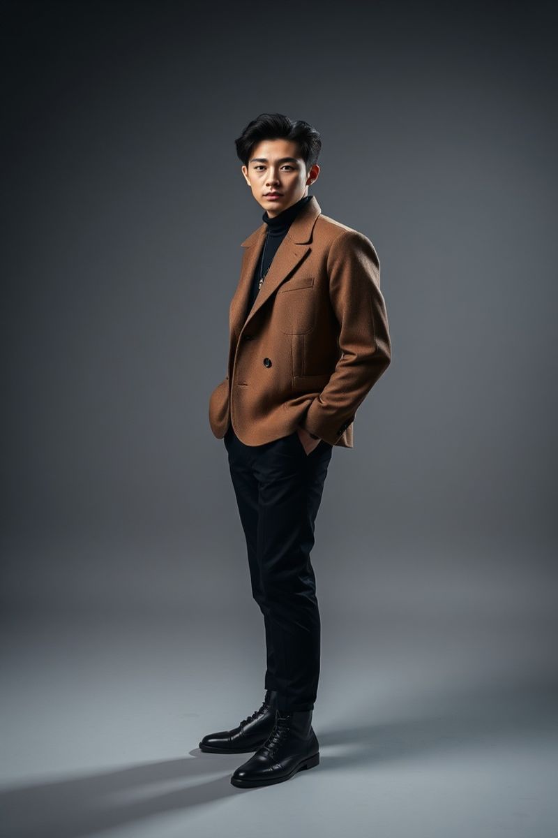 Kenji Nakamura full body editorial pose in high fashion clothing