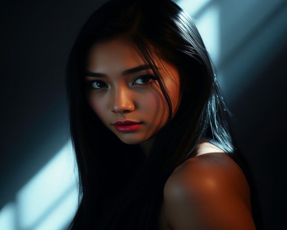 Kiara Santiago artistic creative portrait with dramatic shadows and cinematic composition