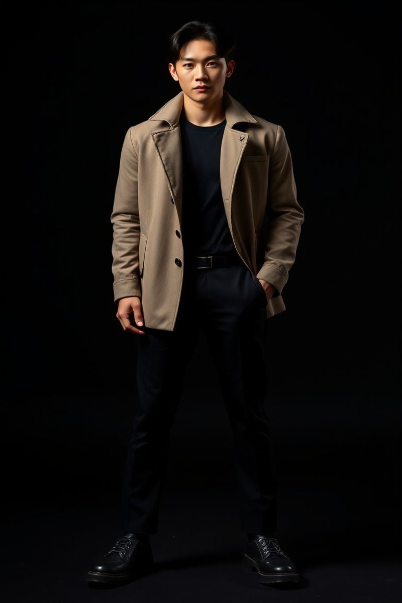 Kim Min-Jae full body editorial pose in high fashion clothing