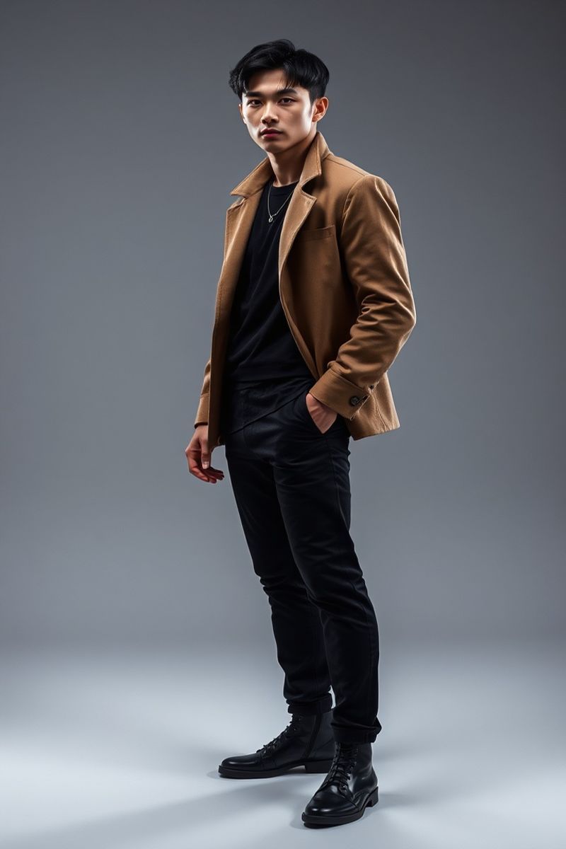 Kim Minjun full body editorial pose in high fashion clothing