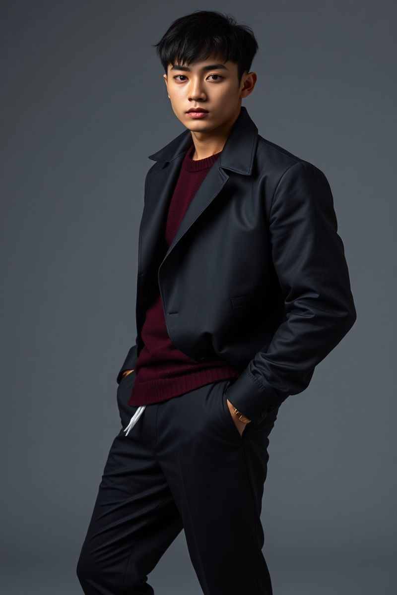Kim Taehyun full body editorial pose in high fashion clothing