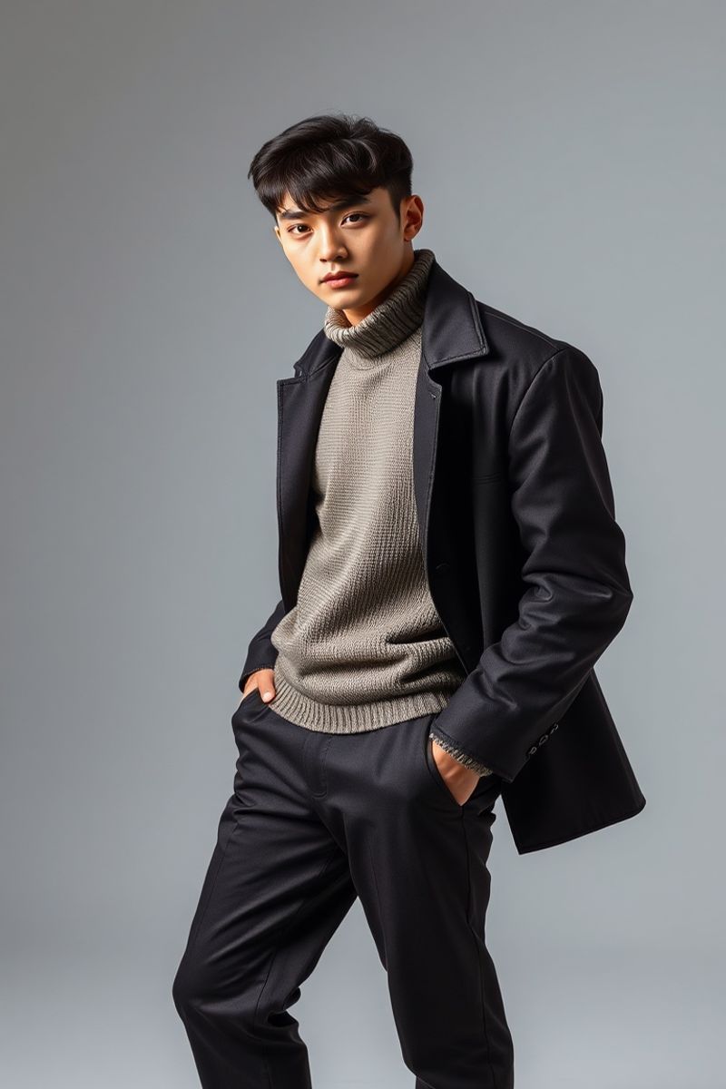 Kim Tae-jun full body editorial pose in high fashion menswear