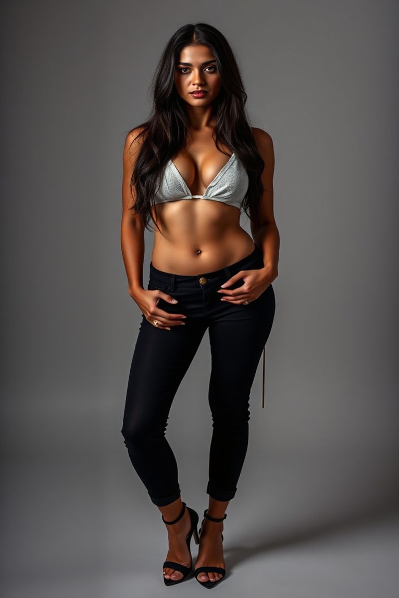 Larissa Oliveira full body editorial pose in high fashion clothing