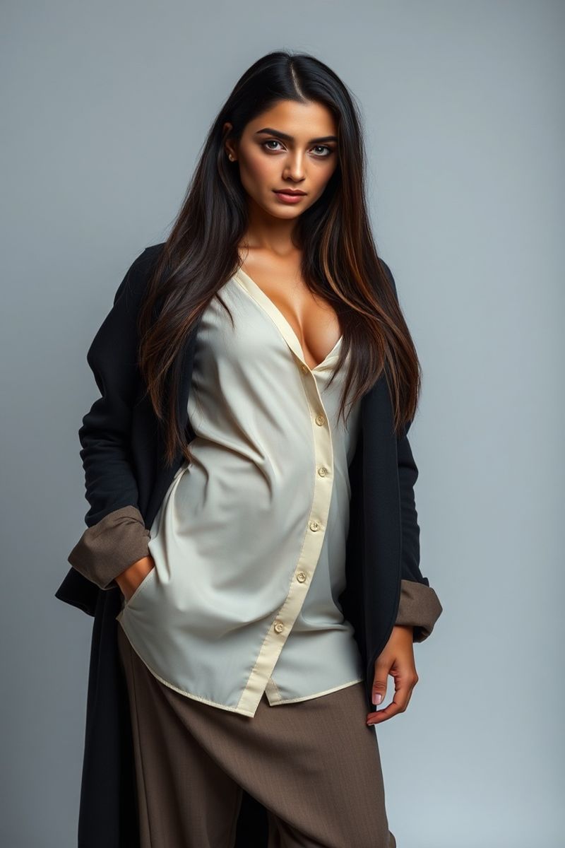 Layla Khalil full body editorial pose in high fashion clothing