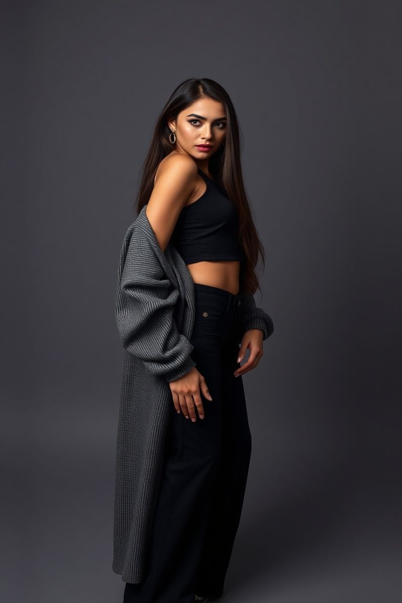 Layla Khoury full body editorial pose in high fashion clothing