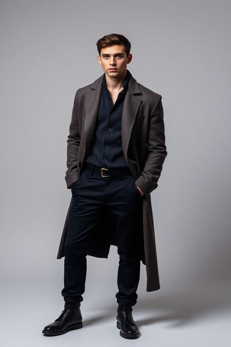 Liam Cooper full body editorial pose in high fashion clothing