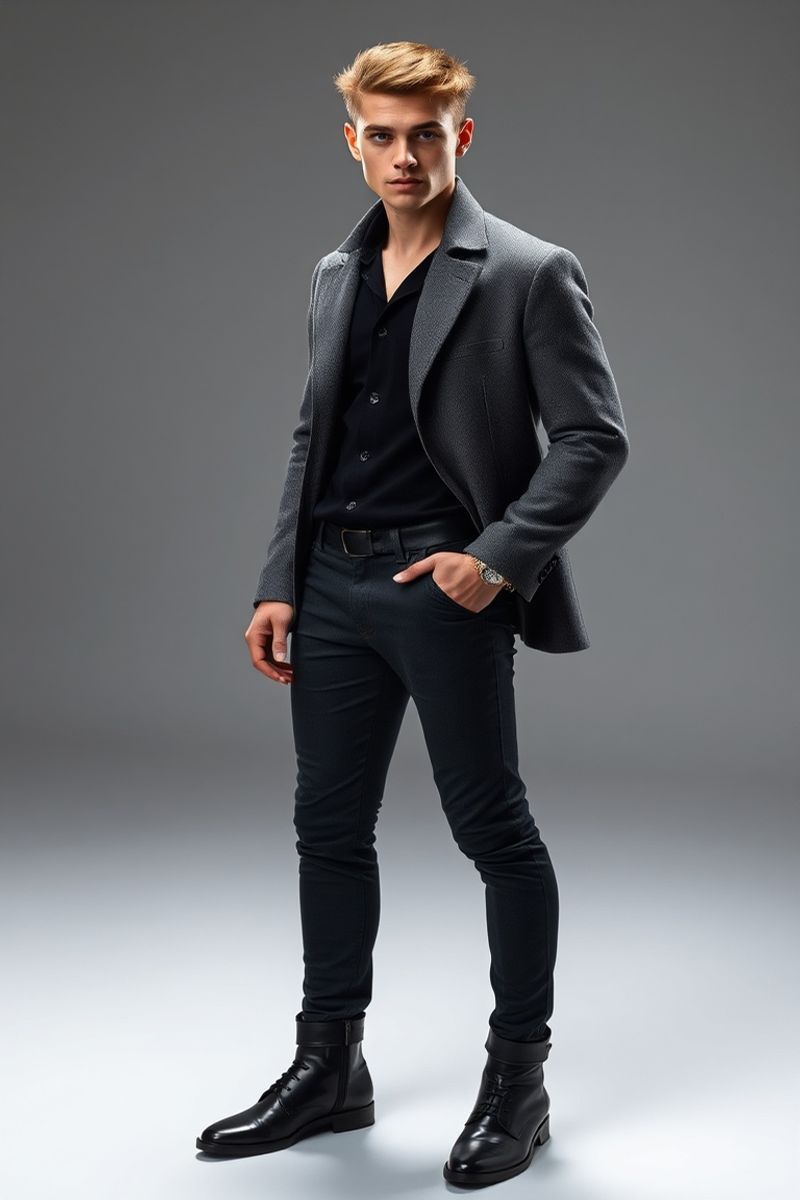 Liam Fraser full body editorial pose in high fashion clothing