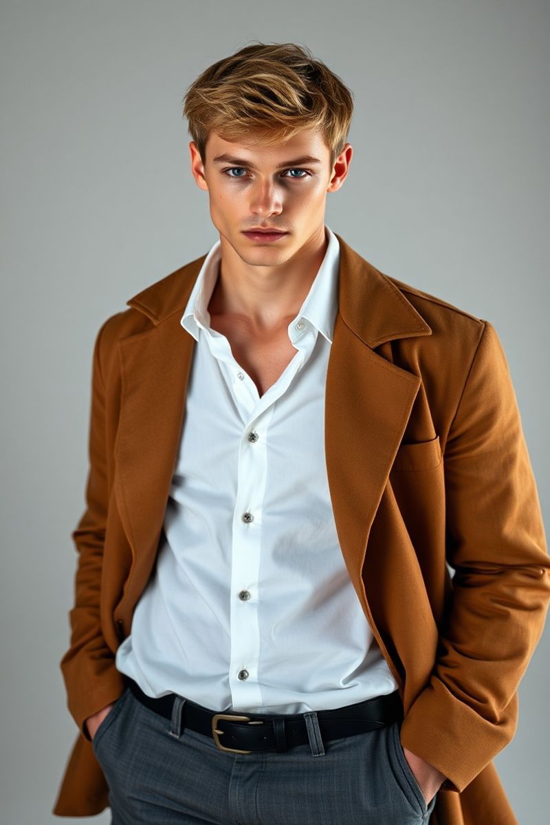 Liam Hartford full body editorial pose in high fashion clothing