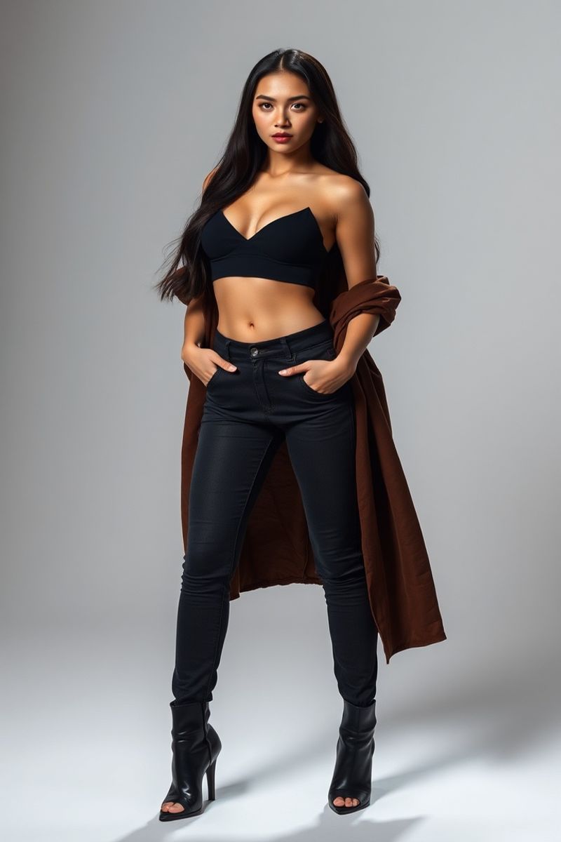 Lila Santos full body editorial pose in high fashion clothing