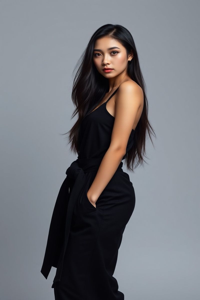 Lilia Santos full body editorial pose in high fashion clothing