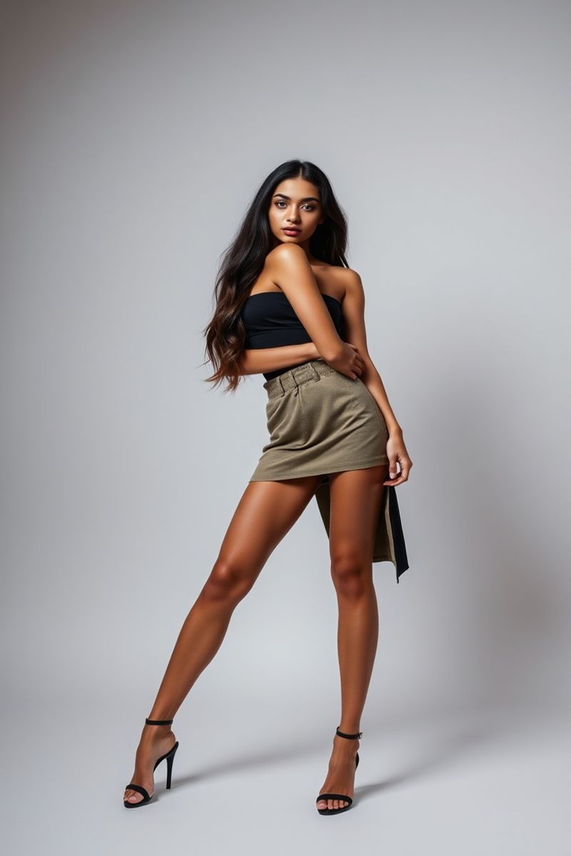 Lorena Alves full body editorial pose in high fashion clothing