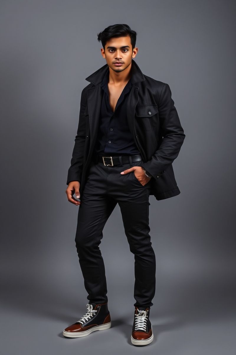 Lucas Fernandes full body editorial pose in high fashion clothing