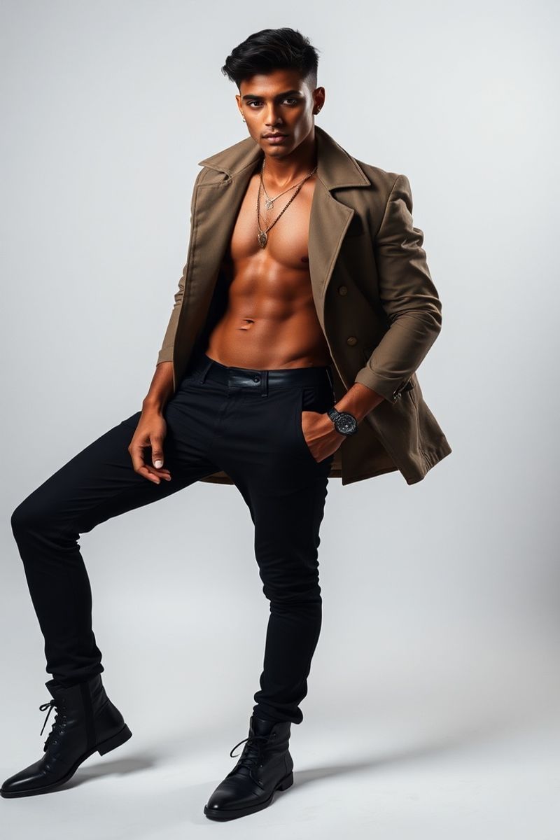Lucas Oliveira full body editorial pose in high fashion clothing