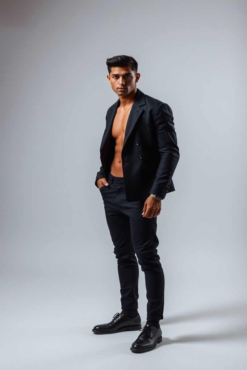 Lucas Pereira full body editorial pose in high fashion clothing