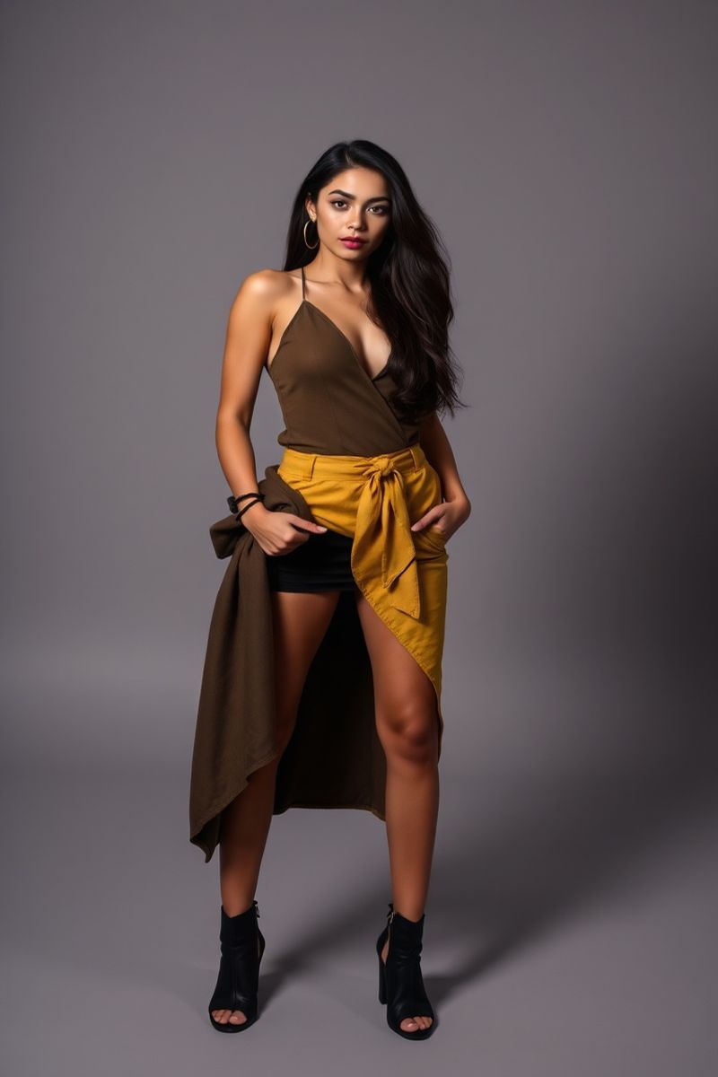 Lucia Garcia full body editorial pose in high fashion clothing