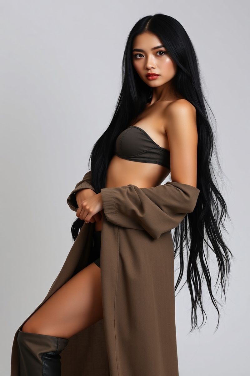 Lucia Mercado full body editorial pose in high fashion clothing