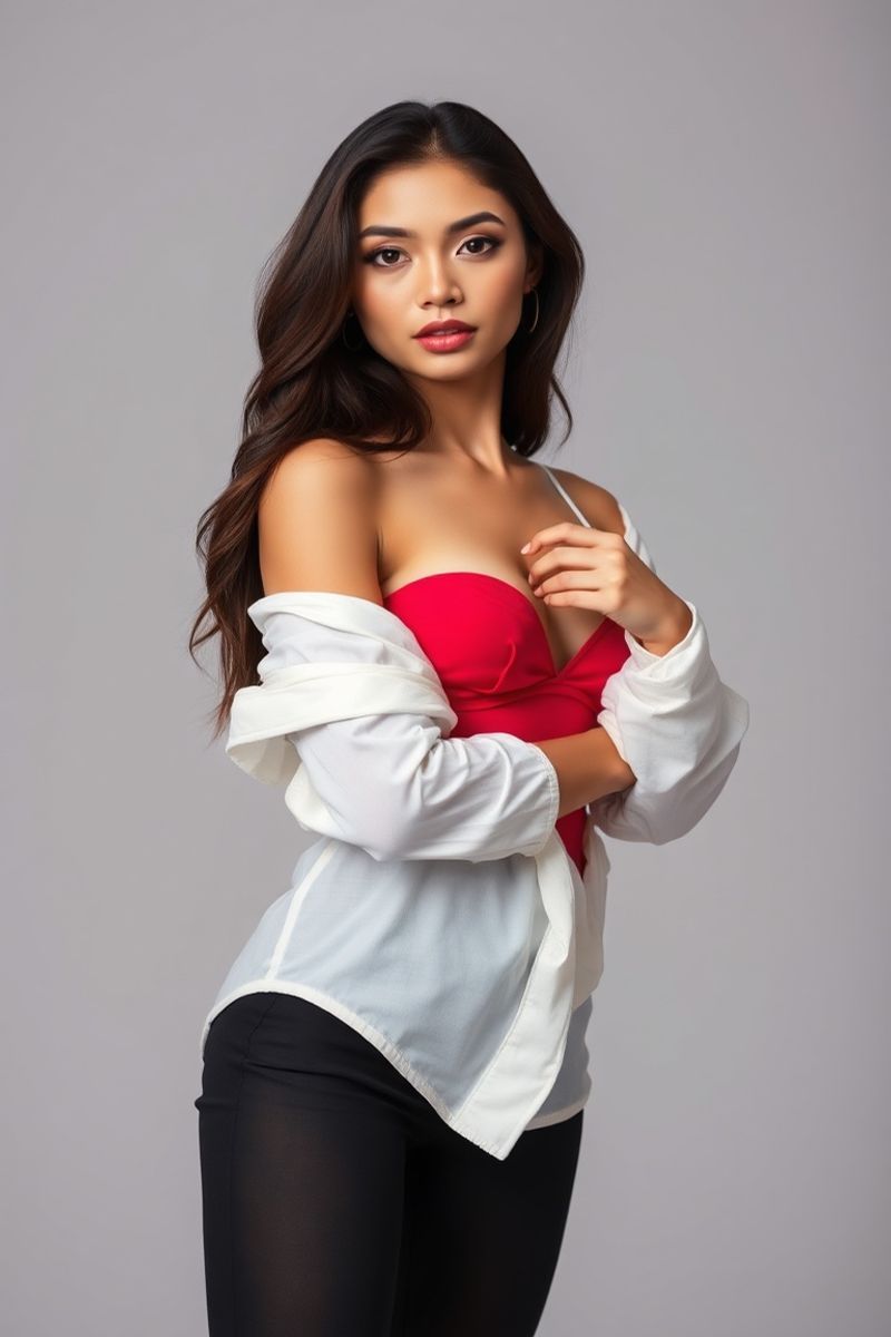 Lucia Vargas full body editorial pose in high fashion clothing