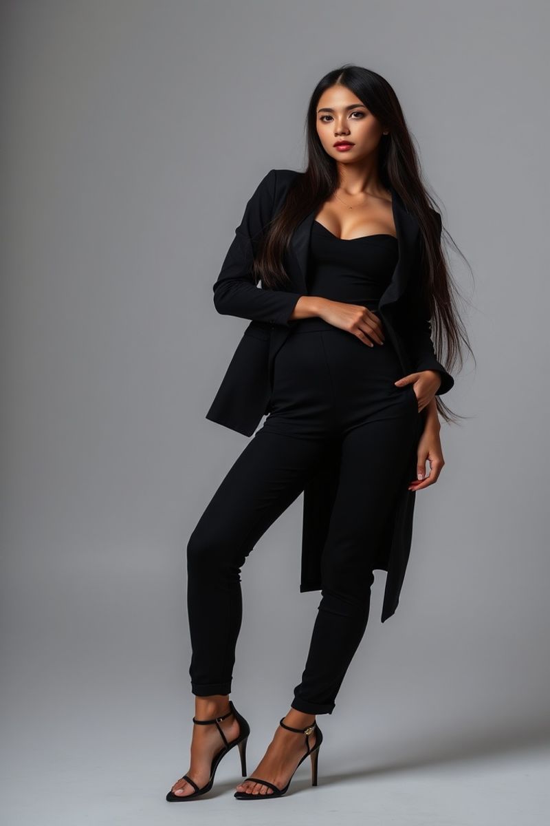 Mai Hoang full body editorial pose in high fashion clothing