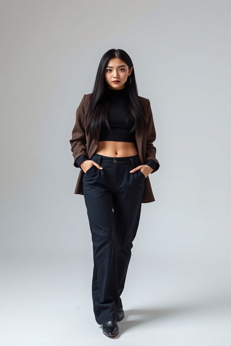 Mai Tran full body editorial pose in high fashion clothing