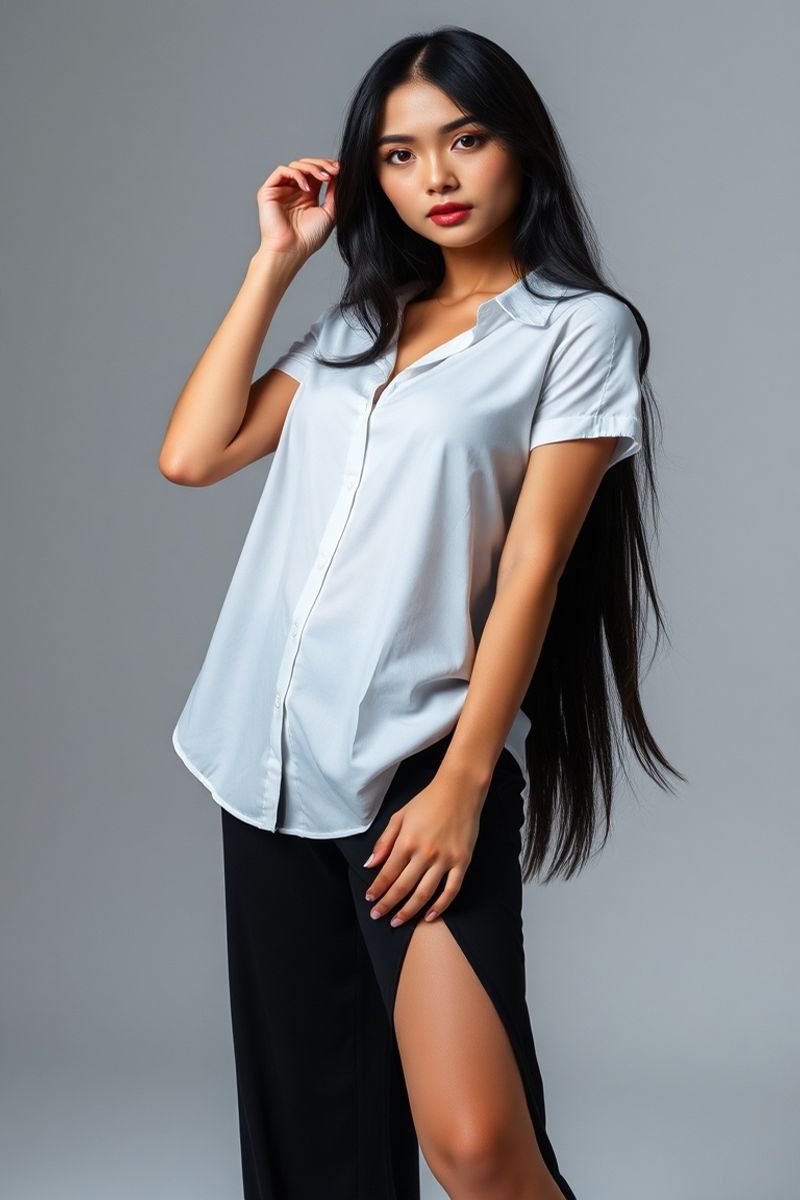 Malia Santos full body editorial pose in high fashion clothing