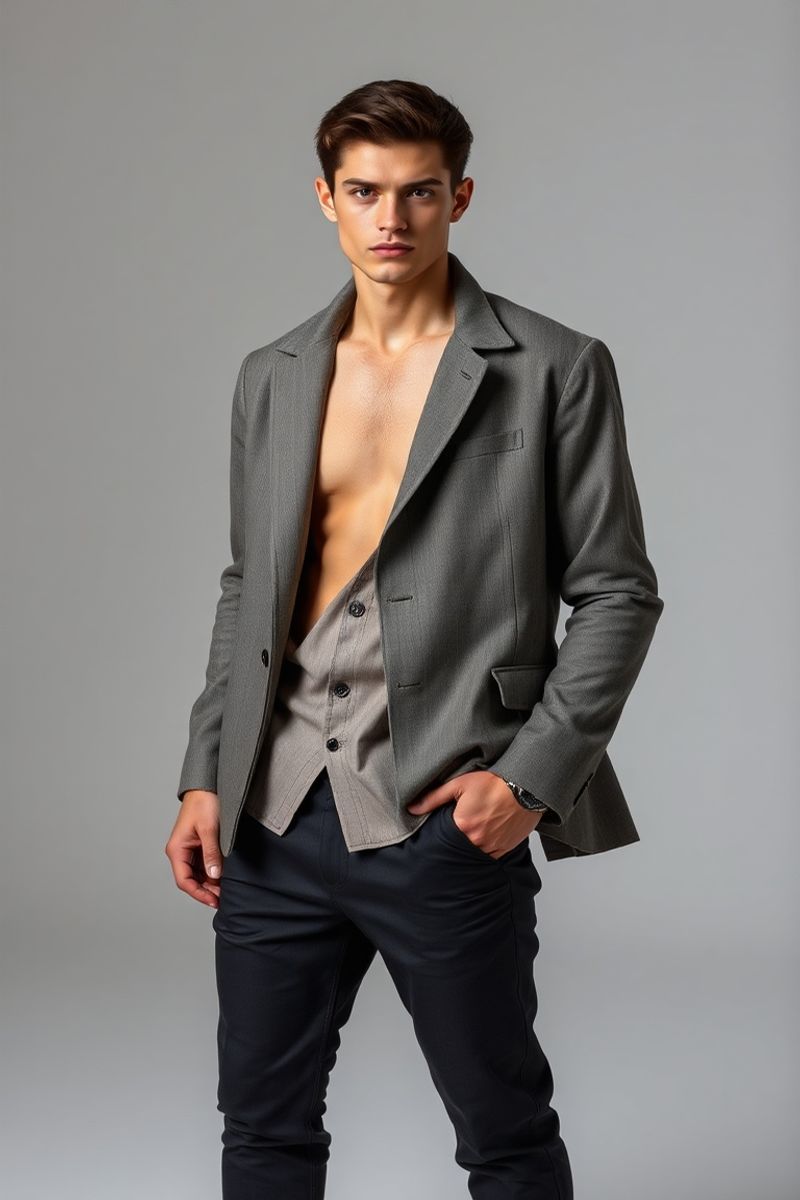 Marco Castellano full body editorial pose in high fashion clothing