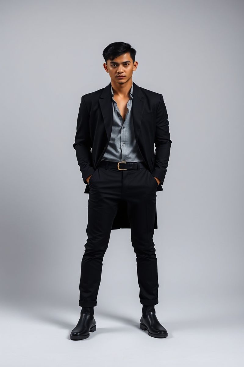Marco Santos full body editorial pose in high fashion clothing