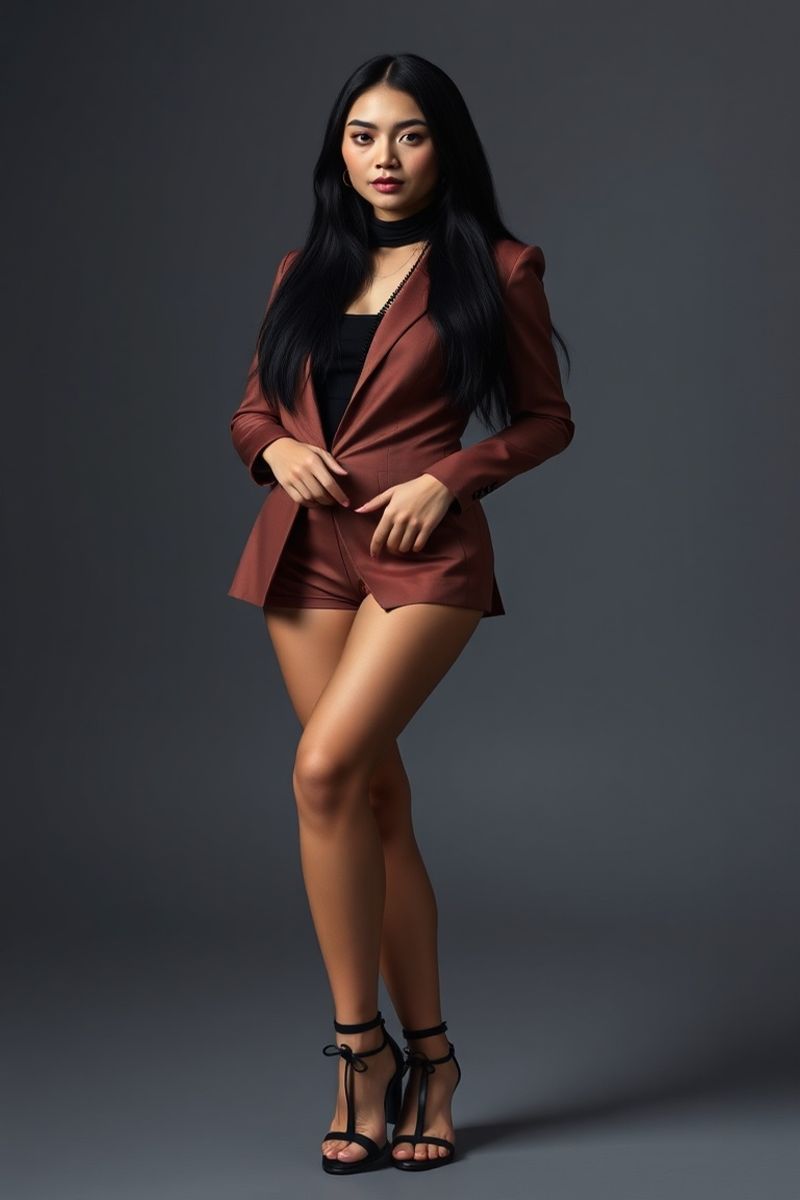 Maria Celestine Santos full body editorial pose in high fashion clothing