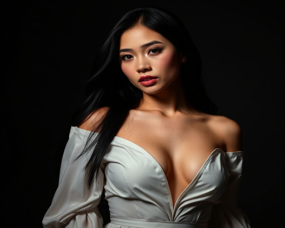 Maria Celestine Santos high fashion editorial with dramatic lighting