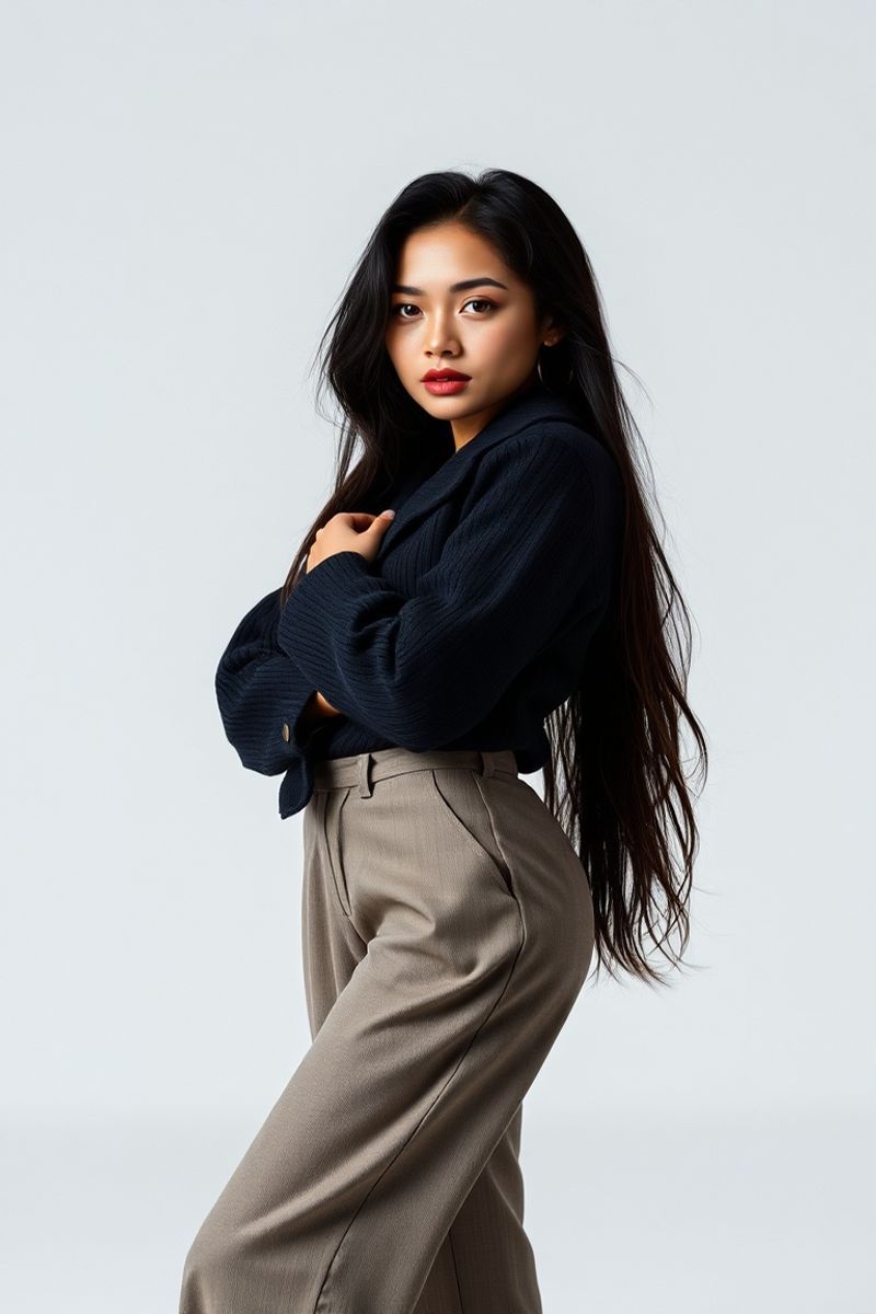 Maria Estrella Santos full body editorial pose in high fashion clothing