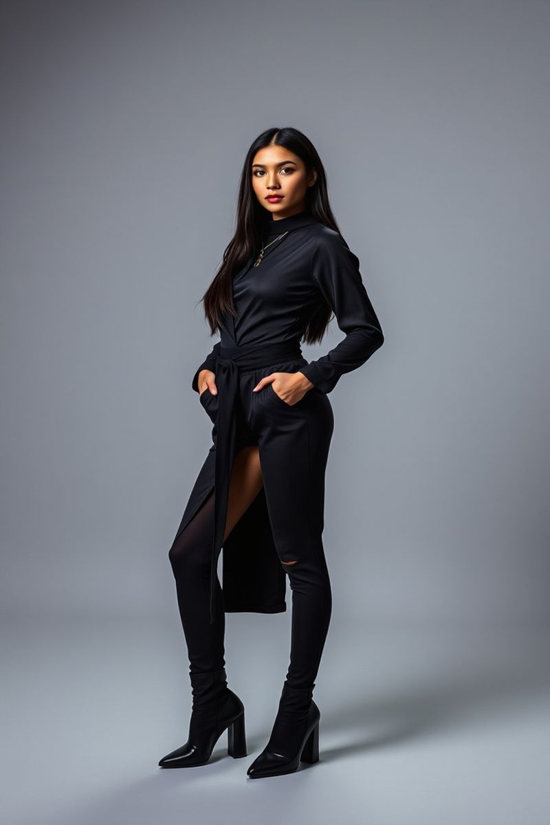 Maria Reyes full body editorial pose in high fashion clothing