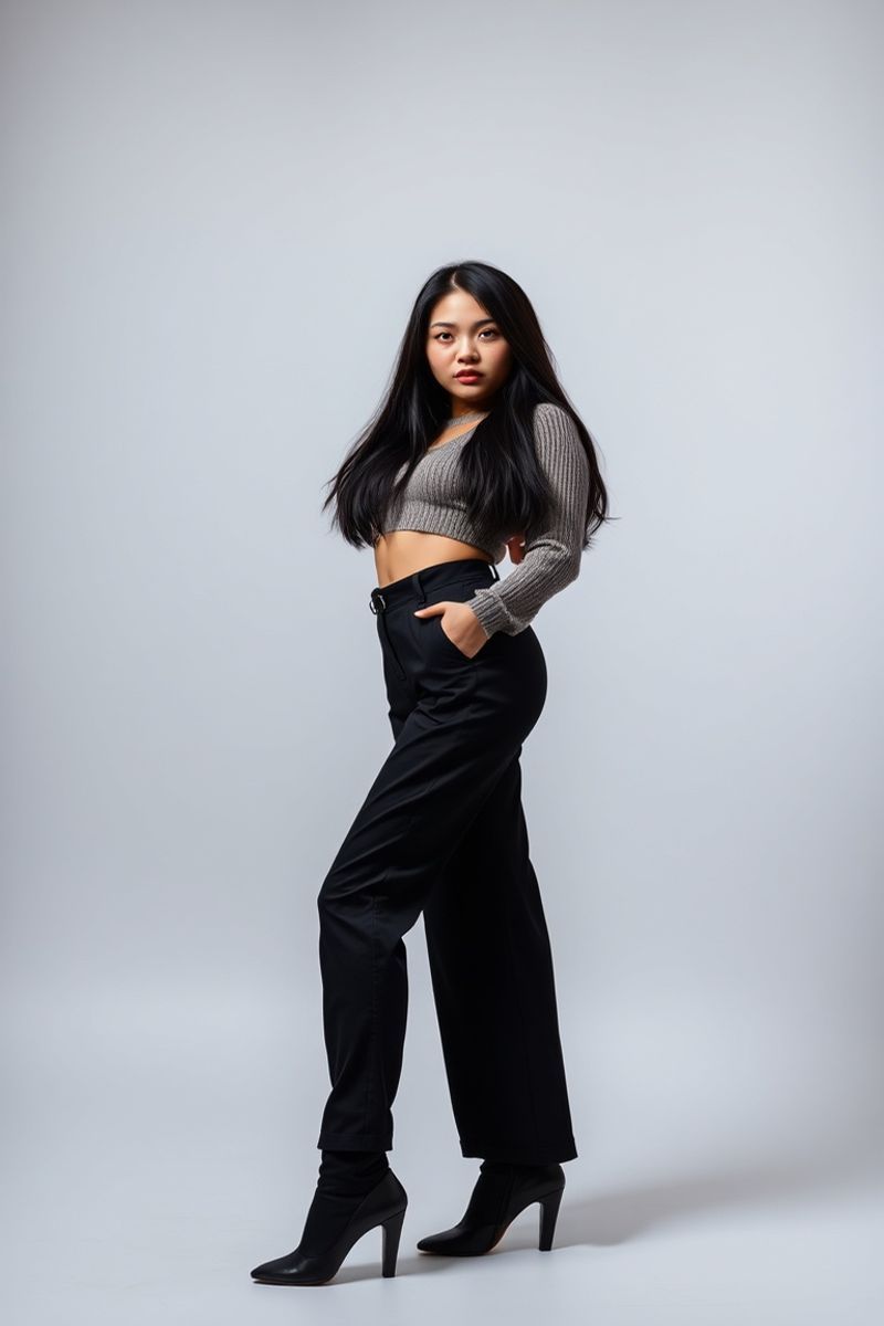 Maria Santiago full body editorial pose in high fashion clothing