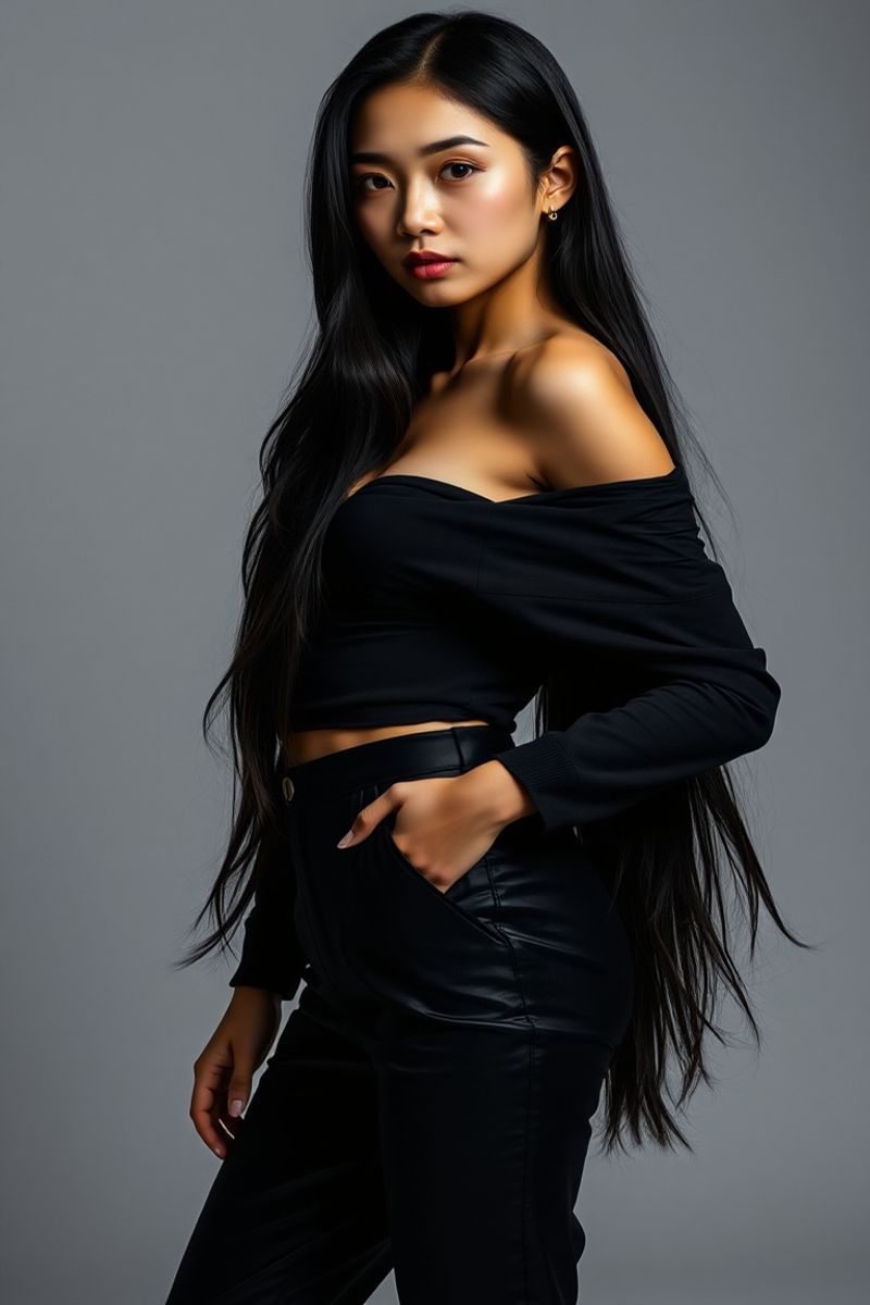 Mariel Santos full body editorial pose in high fashion clothing