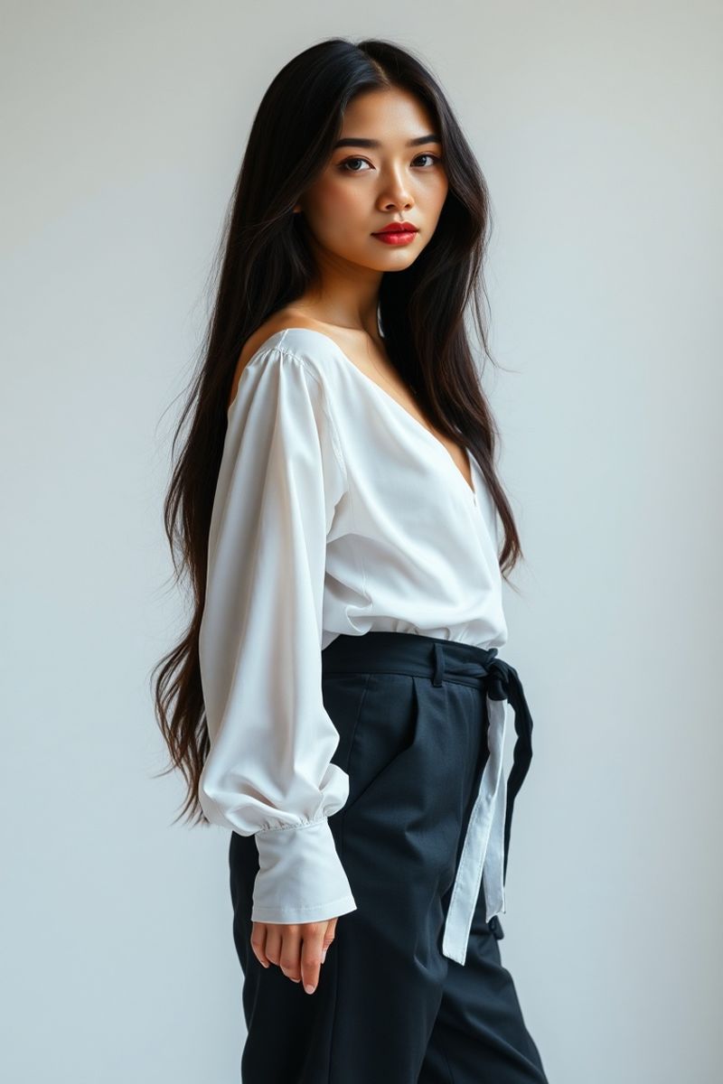 Marina Tan full body editorial pose in high fashion clothing